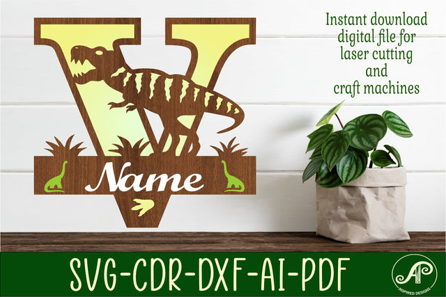 T Rex monogram capital letter V SVG laser cut file SVG APInspireddesigns 