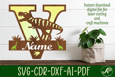 T Rex monogram capital letter V SVG laser cut file SVG APInspireddesigns 