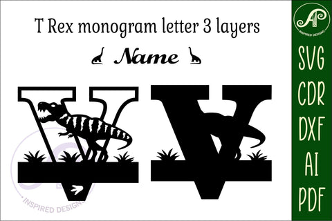 T Rex monogram capital letter V SVG laser cut file SVG APInspireddesigns 