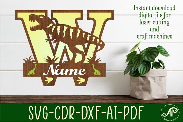 T Rex monogram capital letter W SVG laser cut file SVG APInspireddesigns 