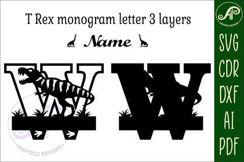 T Rex monogram capital letter W SVG laser cut file SVG APInspireddesigns 