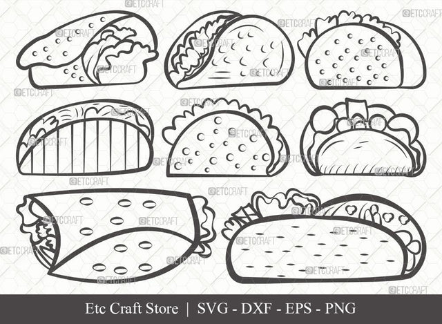Taco Outline SVG Cut File | Mexican Food Svg | Taco Tuesday Svg | Tacos Svg | Taco Bundle | Eps | Dxf | Png SVG ETC Craft 