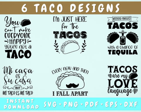 Tacos SVG Bundle, 6 Designs, Taco Quotes SVG, Tacos Shirt SVG, Taco Sayings SVG, Mi Casa Es Su Casa But Mi Taco Es Mi Taco SVG, Every Now And Then I Fall Apart SVG SVG HappyDesignStudio 