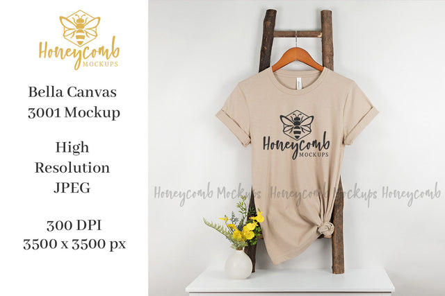 Tan Bella Canvas 3001 Mockup, Hanging Ladder Mockup, Women's T-Shirt Mockup Mock Up Photo Honeycomb Mockups 