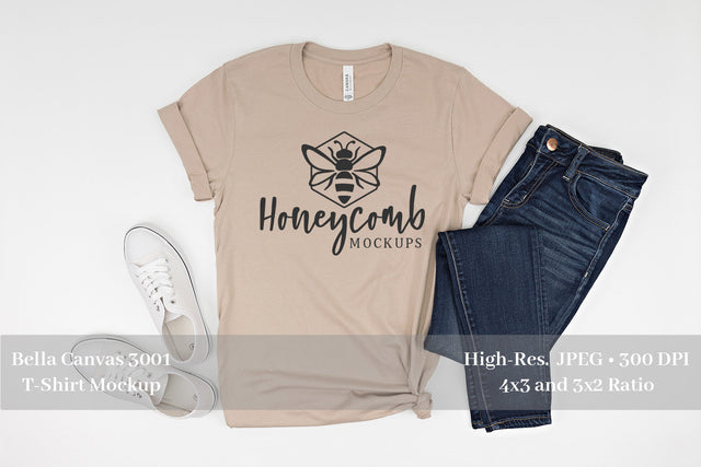 Tan Bella Canvas 3001 Mockup, Women's T-Shirt Mockup Mock Up Photo Honeycomb Mockups 