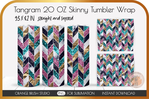 Tangram Glitter Skinny Tumbler Wrap PNG Design Sublimation OrangeBrushStudio 