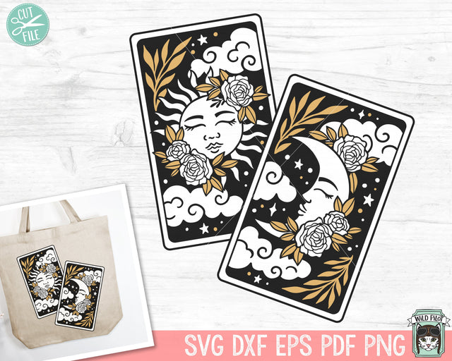Tarot Card Sun Moon svg, Floral Sun Tarot svg file, Floral Moon Tarot, Tarot Card svg, halloween svg, gothic svg, mystical svg, witchy svg, fortune teller svg SVG Wild Pilot 