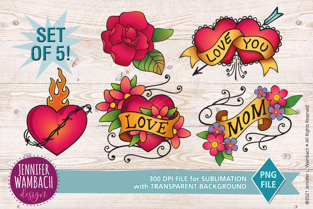Tattoo Style Designs for Sublimation, PNG, Set of 5, SUBLIMATION, Retro Tattoos SVG Jennifer Wambach Design 