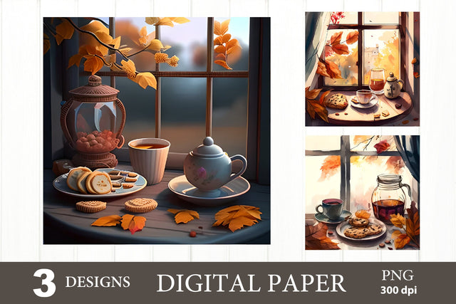 Tea Fall Digital Paper PNG. Cozy Autumn Digital Paper PNG Sublimation Olga Terlyanskaya 