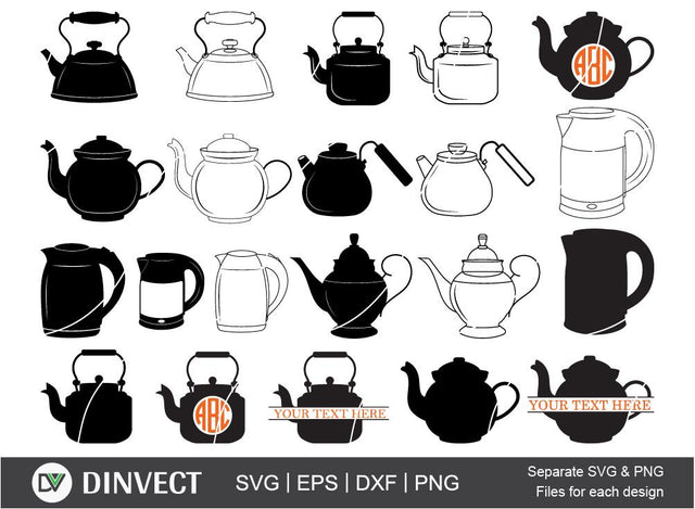 Tea kettle SVG, Teapot svg, Boiler, Tea kettle Silhouette, Tea kettle bundle, Silhouette Studio, Cutting Machine, Cameo, Vinyl Designs, Iron On Decals, Digital File, Instant Download SVG Dinvect 