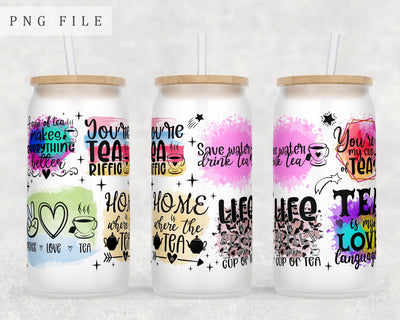 Tea Quotes Libbey Glass Can Wrap, 16oz Glass Can Sublimation Design, Tea Lover Glass Can PNG File Sublimation HappyDesignStudio 