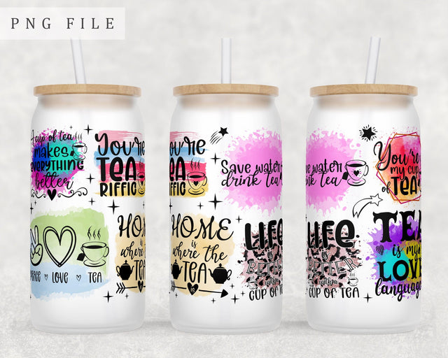 Tea Quotes Libbey Glass Can Wrap, 16oz Glass Can Sublimation Design, Tea Lover Glass Can PNG File Sublimation HappyDesignStudio 