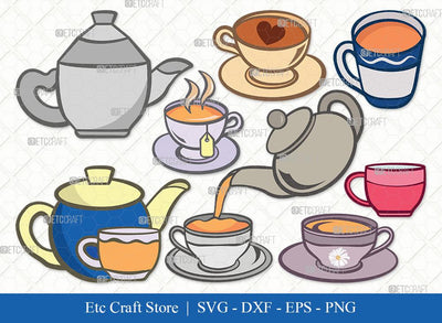 Tea Set Clipart SVG Cut File | Tea Cup Svg | Tea Pot Svg | Tea Kettle Svg | Bundle | Eps | Dxf | Png SVG ETC Craft 