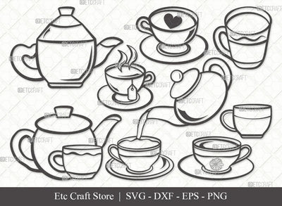 Tea Set Outline SVG Cut File | Tea Cup Svg | Tea Pot Svg | Tea Kettle Svg | Bundle | Eps | Dxf | Png SVG ETC Craft 