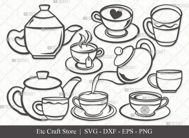 Tea Set Outline SVG Cut File | Tea Cup Svg | Tea Pot Svg | Tea Kettle Svg | Bundle | Eps | Dxf | Png SVG ETC Craft 