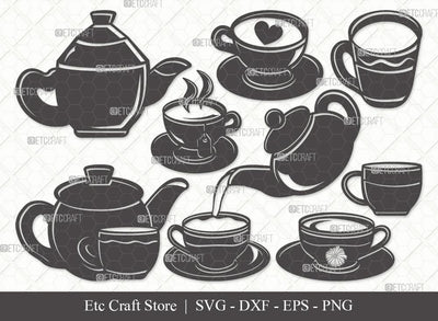 Tea Set Silhouette SVG Cut File | Tea Cup Svg | Tea Pot Svg | Tea Kettle Svg | Bundle | Eps | Dxf | Png SVG ETC Craft 