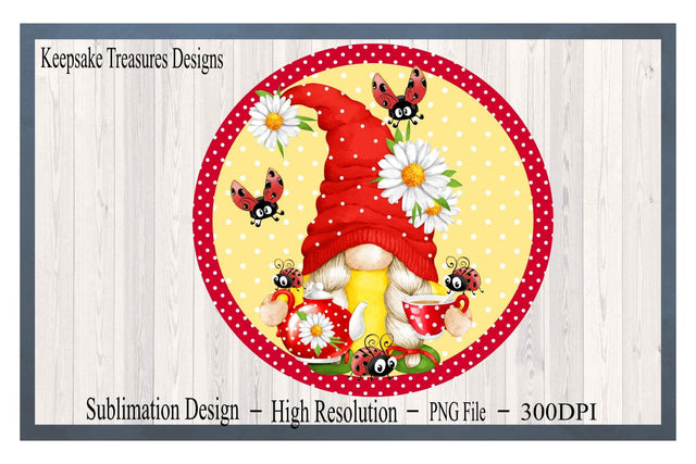 Tea Sipping Gnome and Ladybug, Wreath Attachment, Sublimation PNG, Digital Download Sublimation Keepsake Treasures Designs LLC. 