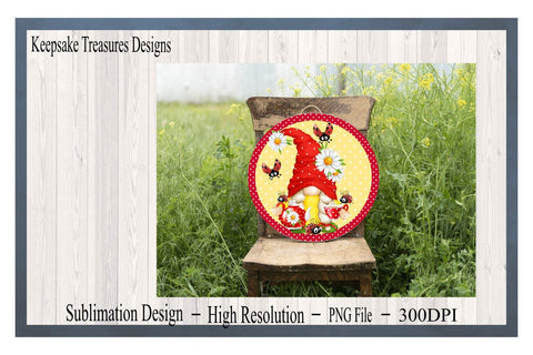 Tea Sipping Gnome and Ladybug, Wreath Attachment, Sublimation PNG, Digital Download Sublimation Keepsake Treasures Designs LLC. 