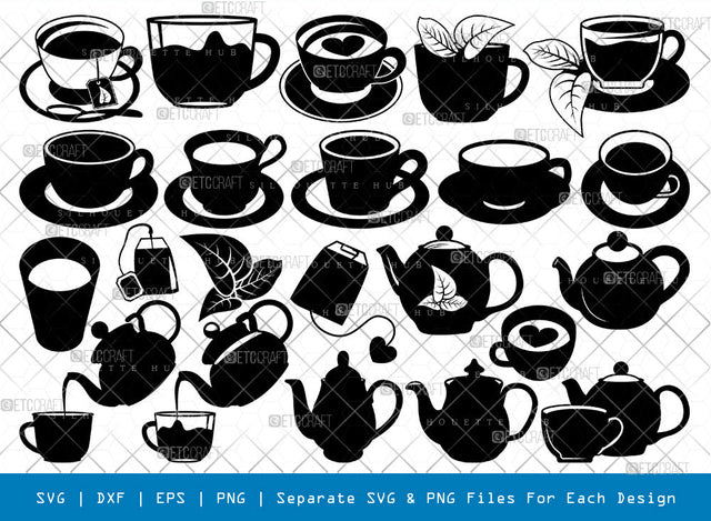 Tea SVG, Tea Silhouette, Tea Pot Svg, Tea Cup Svg, Teatime Svg, Tea Kettle Svg, Steam Svg, Coffee Svg, Teapots Svg, Tea Bundle SVG ETC Craft 
