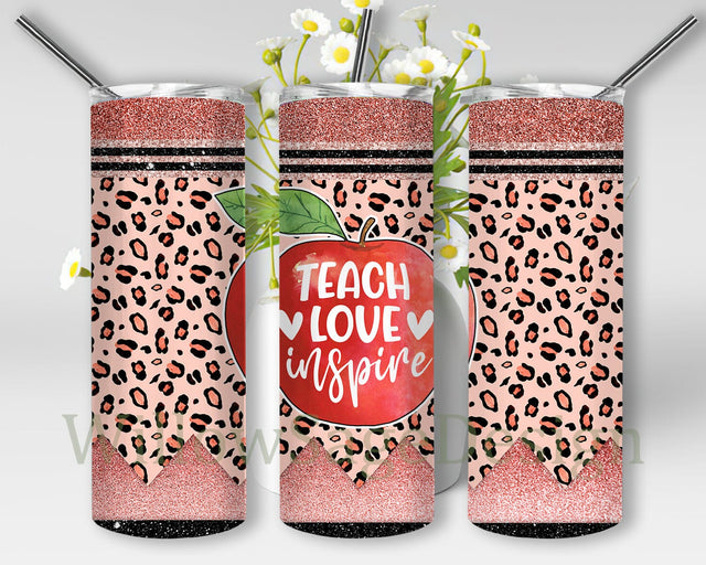 Teach Love Inspire 20oz Skinny Tumber, Teacher Tumbler Png, Leopard Pencil Glitter Tumbler Wrap, Back to School Tumbler Design, Digital Download Sublimation WillowSageDesign 