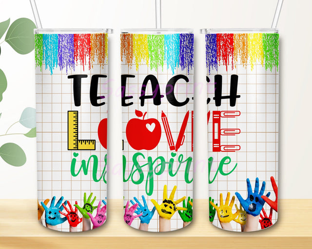 Teach Love Inspire 20oz Skinny Tumbler Png, Color Png, Color Pencil School Png, School Tumbler, Teacher Pencil Tumbler Sublimation sassyprint 