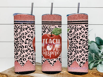 Teach Love Inspire 20oz Skinny Tumbler Png, Glitter Leopard Png, Leopard Pencil School Png, School Tumbler, Teacher Pencil Tumbler Sublimation iStyleDesign 