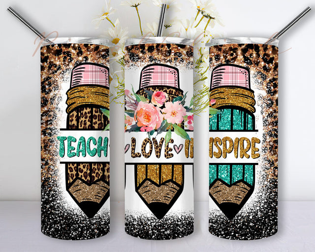 Teach Love Inspire 20oz Skinny Tumbler Png, Glitter Leopard Png, Leopard Pencil School Png, School Tumbler, Teacher Pencil Tumbler Sublimation PixelChick 