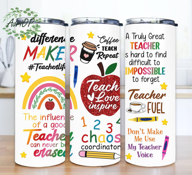 Teach Love Inspire 20oz Skinny Tumbler Png, Glitter Teacher Tumbler, Back To School Tumbler, Teacher Appreciation Gift, Cute Teachers Quotes Tumbler Sublimation AdriOP 