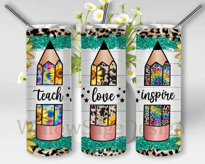 Teach Love Inspire Design Png, Teacher 20oz Skinny Tumbler, Western Teacher Tumbler Png, Tye Die Pencil Png, Teacher Sublimation Design, Digital Download Sublimation WillowSageDesign 