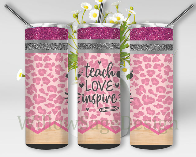 Teach Love Inspire Design Tumbler, Teacher Leopard Glitter 20oz Skinny Tumbler, Appreciation Tumbler Png, Teacher Sublimation Design for Straight, Digital Download Sublimation WillowSageDesign 