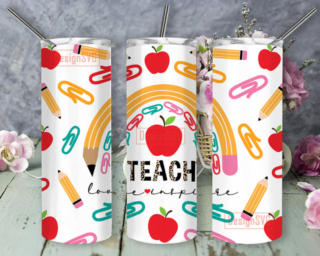 Teach Love Inspire Design Tumbler Template, Teach Leopard Tumbler Png, Teacher 20oz Skinny Tumbler, Rainbow Pencil Tumbler Wrap, Teacher Sublimation Design, Digital Download Sublimation DesignSVG 
