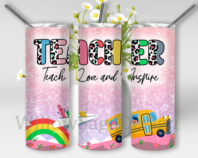 Teach Love Inspire Glitter Tumbler Png, Teacher Leopard 20oz Skinny Tumbler, Back To School Png, Teacher Life Design Tumbler, Teacher Tumbler Template, Instant Download Sublimation WillowSageDesign 