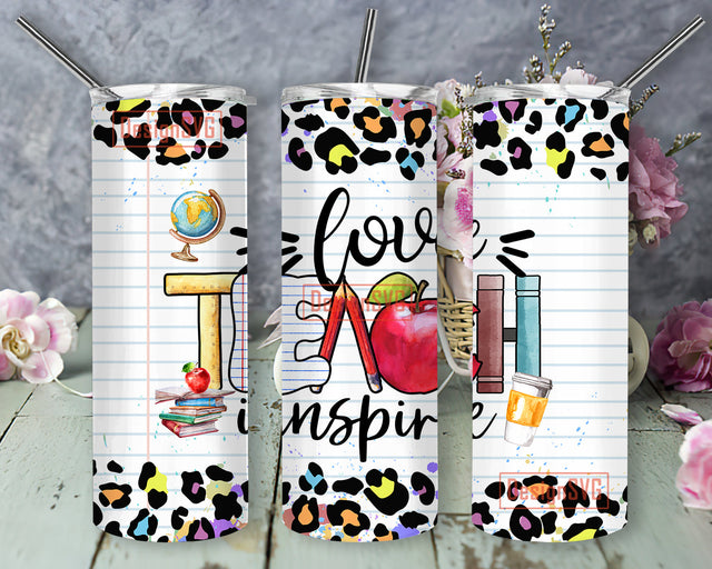 Teach Love Inspire Sublimation Design PNG 20 oz Skinny Tumbler Leopard Glitter Teacher Tumbler Sublimation DesignSVG 
