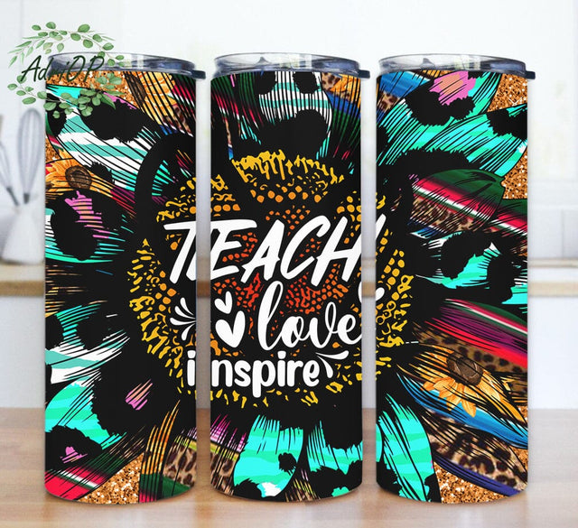 Teach Love Inspire Tumbler Design, Teacher 20oz Tumbler Png, Back To School Design Png, Western Sunflower Tumbler Wrap, Western Teacher Tumbler With Lid And Straw, Digital Download Sublimation AdriOP 