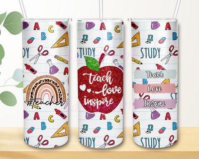 Teach Love Inspire Tumbler Design, Teacher 20oz Tumler Png, Teacher Life Sublimation Png, Teacher Appreciation Skinny Png, Back To School Design Png, Digital Download Sublimation sassyprint 