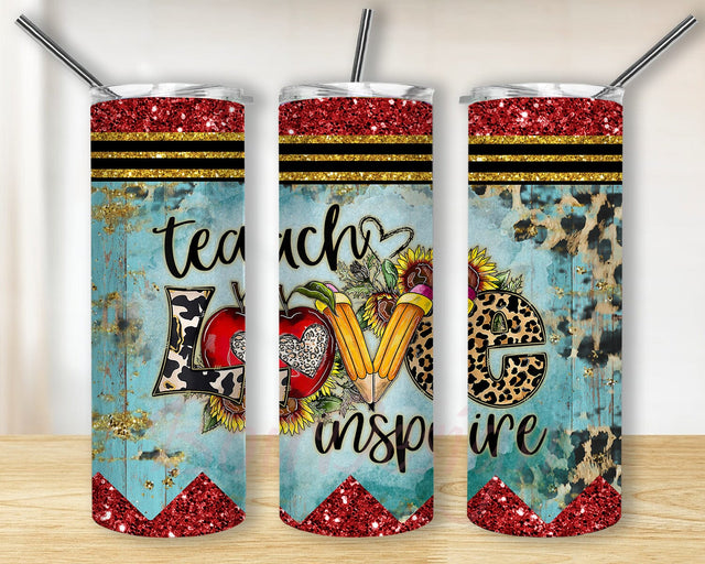 Teach Love Inspire Tumbler Design, Western Teacher 20oz Skinny Tumbler, Teal Wood Leopard Tumbler Wrap, Back To School Tumbler Png, Teacher Sublimation Design, Instant Download Sublimation BouDesign 