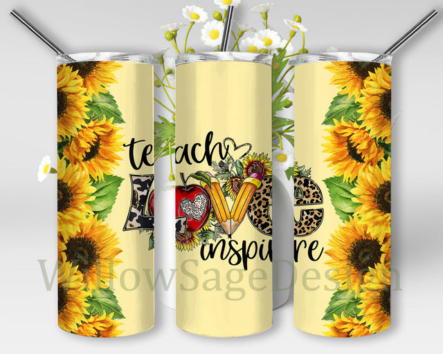 Teach Love Inspire Tumbler Template, Teacher 20oz Skinny Tumbler, Teacher Sunflower Tumbler Wrap, Back To School Tumbler Png, Teacher Appreciation Sublimation Design, Digital Download Sublimation WillowSageDesign 