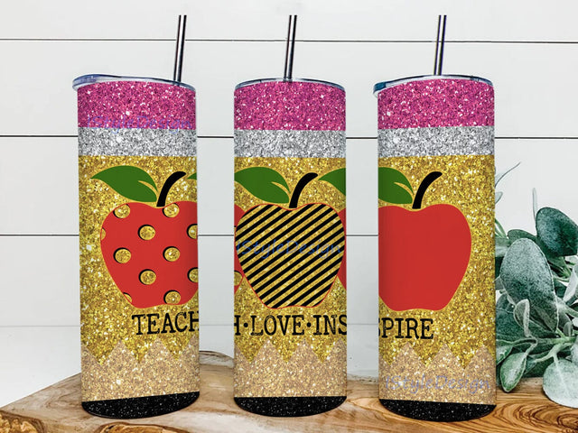 Teach Love Inspire Tumbler Template, Teacher 20oz Tumbler Png, Teacher Pencil Glitter Tumbler Wrap, Teacher Apple Design Png, Teacher Life Tumbler With Lid And Straw, Instant Download Sublimation iStyleDesign 