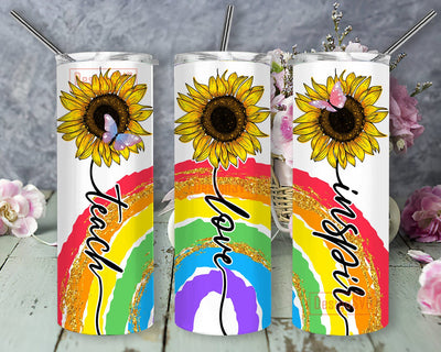 Teach Love Inspire Tumbler Template, Teacher Rainbow Glitter Tumbler Wrap, Teacher Sunflower 20oz Skinny Tumbler, Teacher Gift, Back to School Design Png, Digital Download Sublimation DesignSVG 