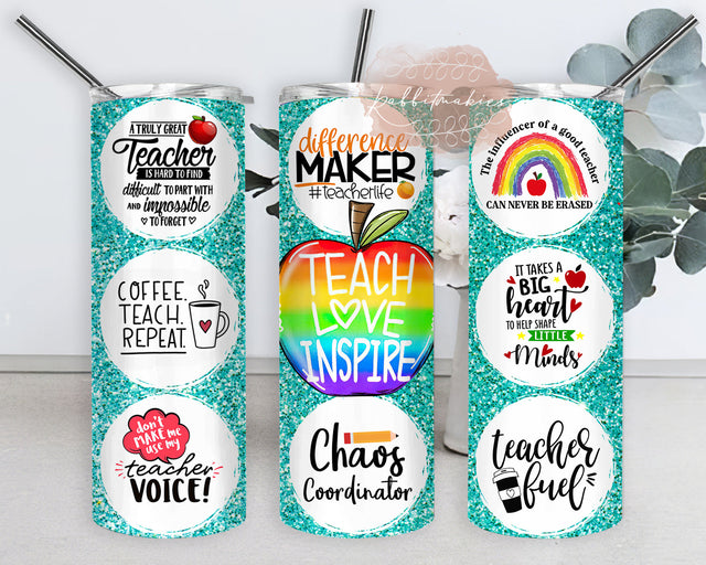 Teach Love Inspire Tumnbler Design, Teach Apple Rainbow 20oz Skinny Tumbler, Teacher Glitter Tumbler Wrap, Teacher Quote Sublimation Design, Digital Download Sublimation Rabbitmakies 
