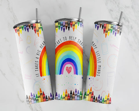Teacher 20 oz Skinny Tumbler Rainbow Pencils Teacher Tumbler Sublimation Design, It Takes a Big Heart to Shape Little Minds PNG download Sublimation CaldwellArt 