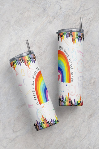 Teacher 20 oz Skinny Tumbler Rainbow Pencils Teacher Tumbler Sublimation Design, It Takes a Big Heart to Shape Little Minds PNG download Sublimation CaldwellArt 