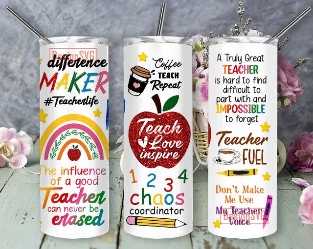 Teacher 20 oz Skinny Tumbler, Teacher Appreciation Sublimation, Teach Love Inspire PNG, Digital Download Sublimation DesignSVG 