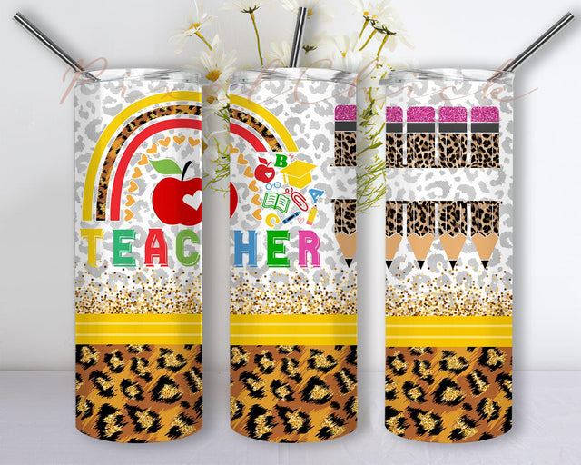 Teacher 20oz Skinny Tumbler, Rainbow Teacher Tumbler Design, Teacher Leopard Glitter Tumbler Wrap, Teacher Pencil Tumbler Png, Teacher Life Tumbler With Lid And Straw, Instant Download Sublimation PixelChick 