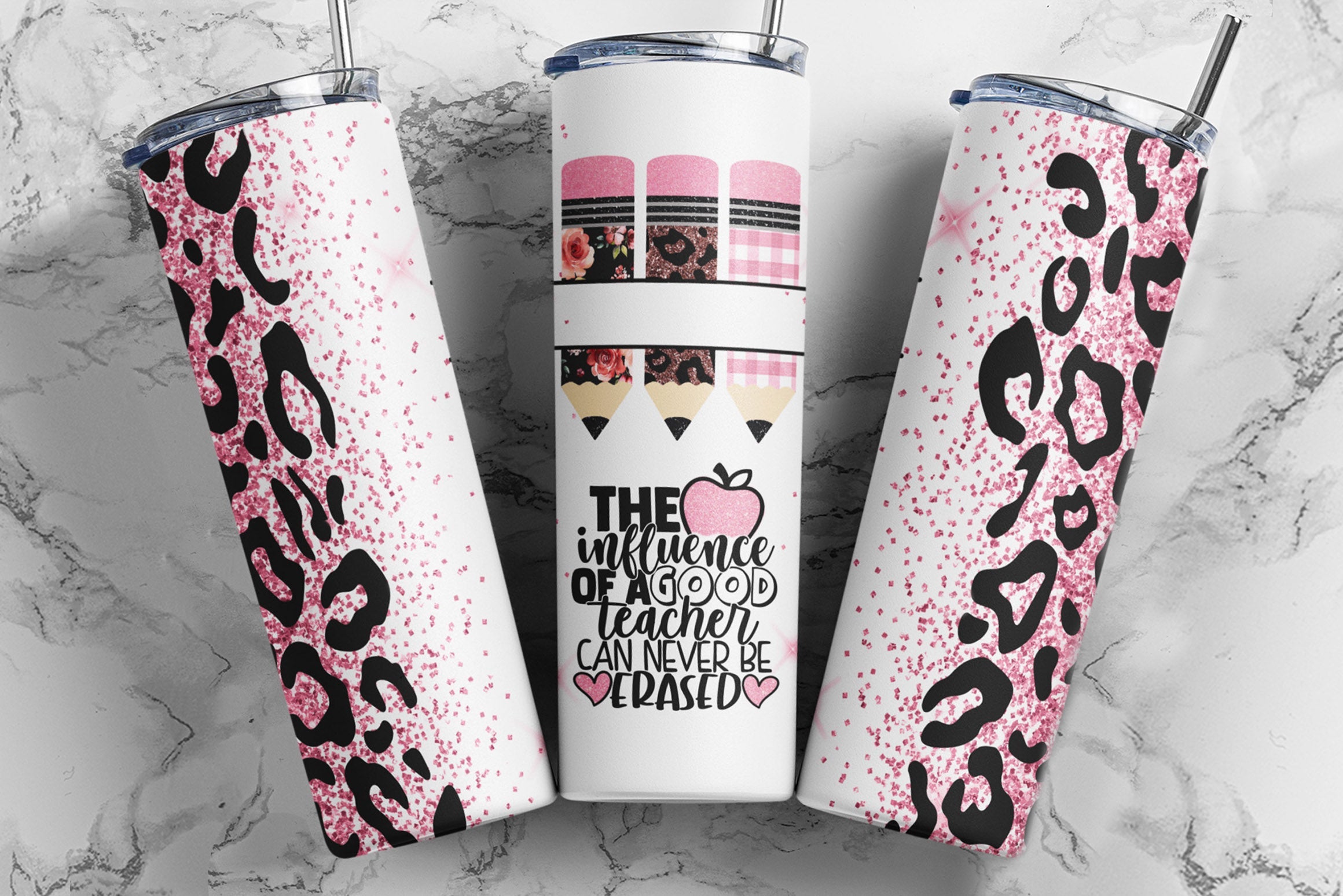 20 oz Skinny Tumbler Silver Pink Glitter Sublimation Design - Full