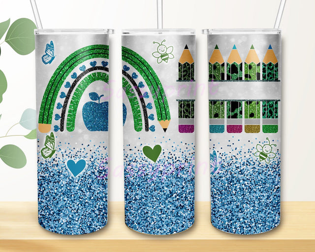 Teacher 20oz Tumbler Design, Teacher Glitter Tumbler Wrap, Teacher Pencil Tumbler Png, Teacher Rainbow Design Png, Back To School Png, Teacher Gift, Instant Download Sublimation sassyprint 