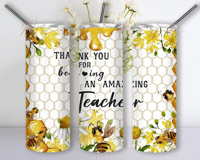 Teacher Appreciation 20 oz Skinny Tumbler, Honey Bee Teacher Tumbler Sublimation Design Straight & Tapered PNG - Instant Download Sublimation PixelChick 