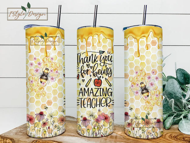Teacher Appreciation 20 oz Skinny Tumbler, Honey Bee Teacher Tumbler Sublimation, Wildflower Teacher Tumbler Wrap Sublimation iStyleDesign 