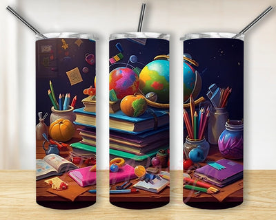 Teacher Appreciation 20oz Skinny Tumbler Png, Chalkboard Books School Tumbler, Apple, Supplies, Clock, Books, Globe, Backpack Tumbler, Earth Globe Tumbler Sublimation BouDesign 