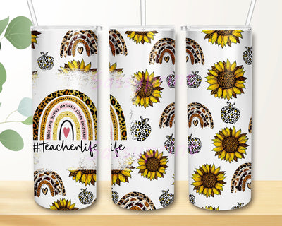 Teacher Cheetah Rainbow Flower Apple Teacher Life 20oz Skinny Tumbler Sublimation Wrap Design PNG Digital Download Sublimation sassyprint 